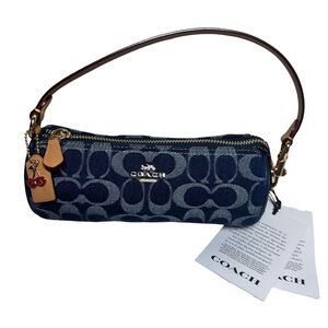 Coach Outlet Nolita Barrel Denim Navy Signature Wristlet Handbag New With Tags